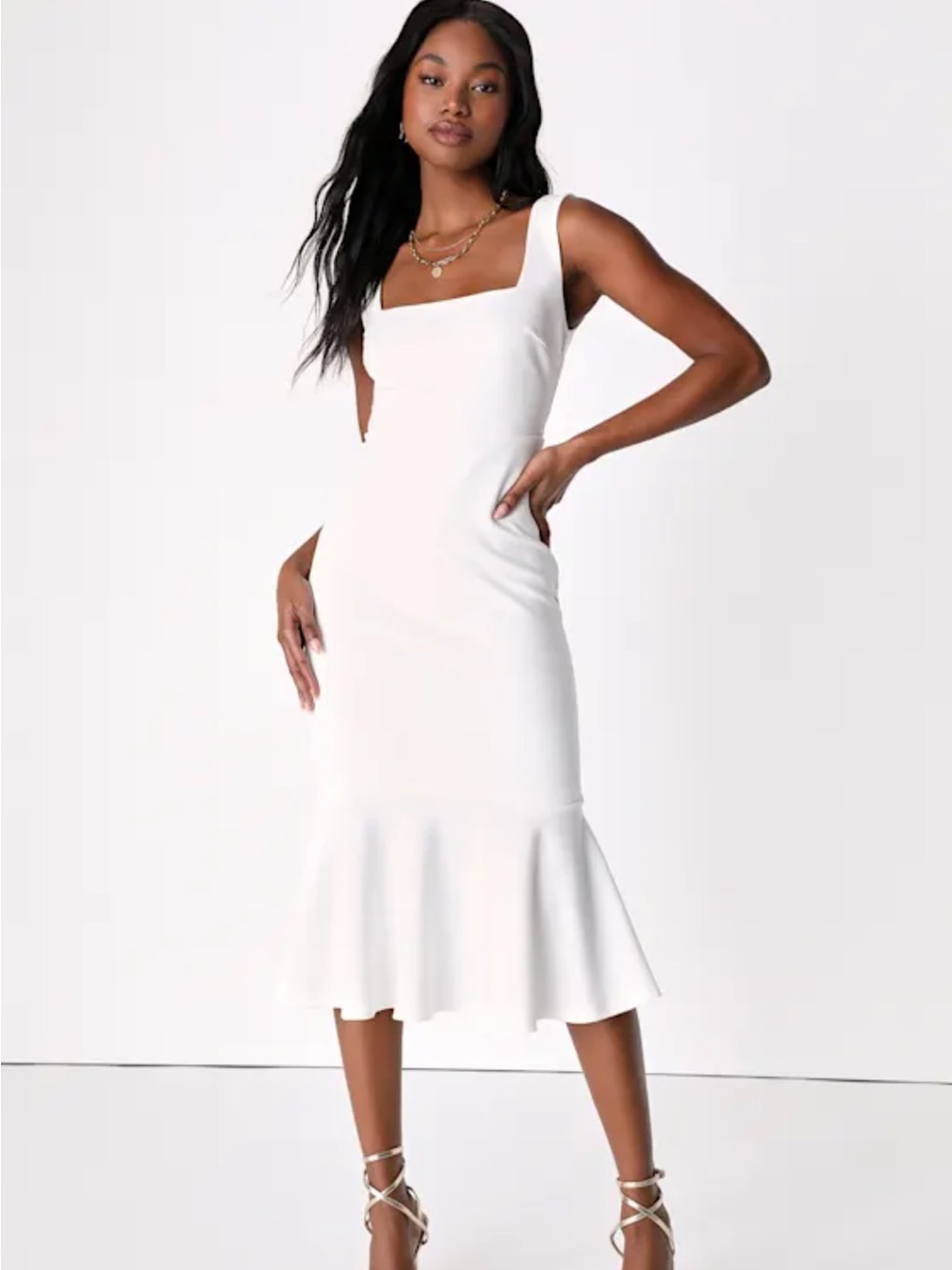 White Square-Neck Midi Dress with Flounced Hem - Lulus